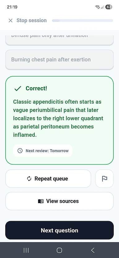 Instant feedback with explanation and source links