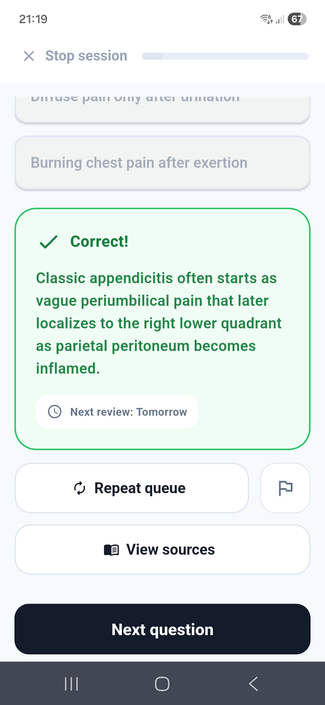 Instant feedback with explanation and source links