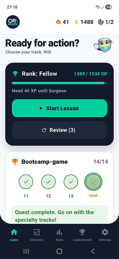 ORReady home screen with bootcamp levels and start lesson button