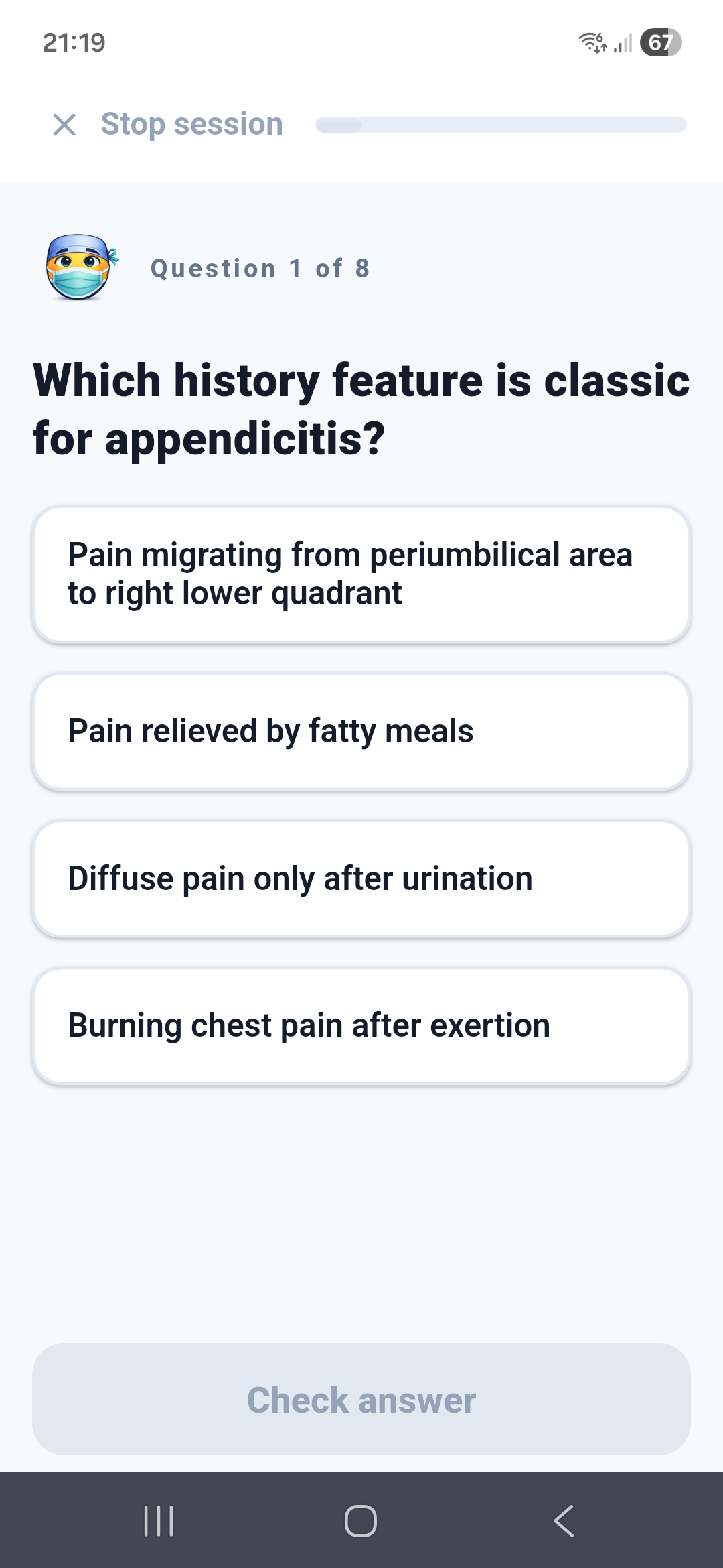 Multiple choice question about appendicitis