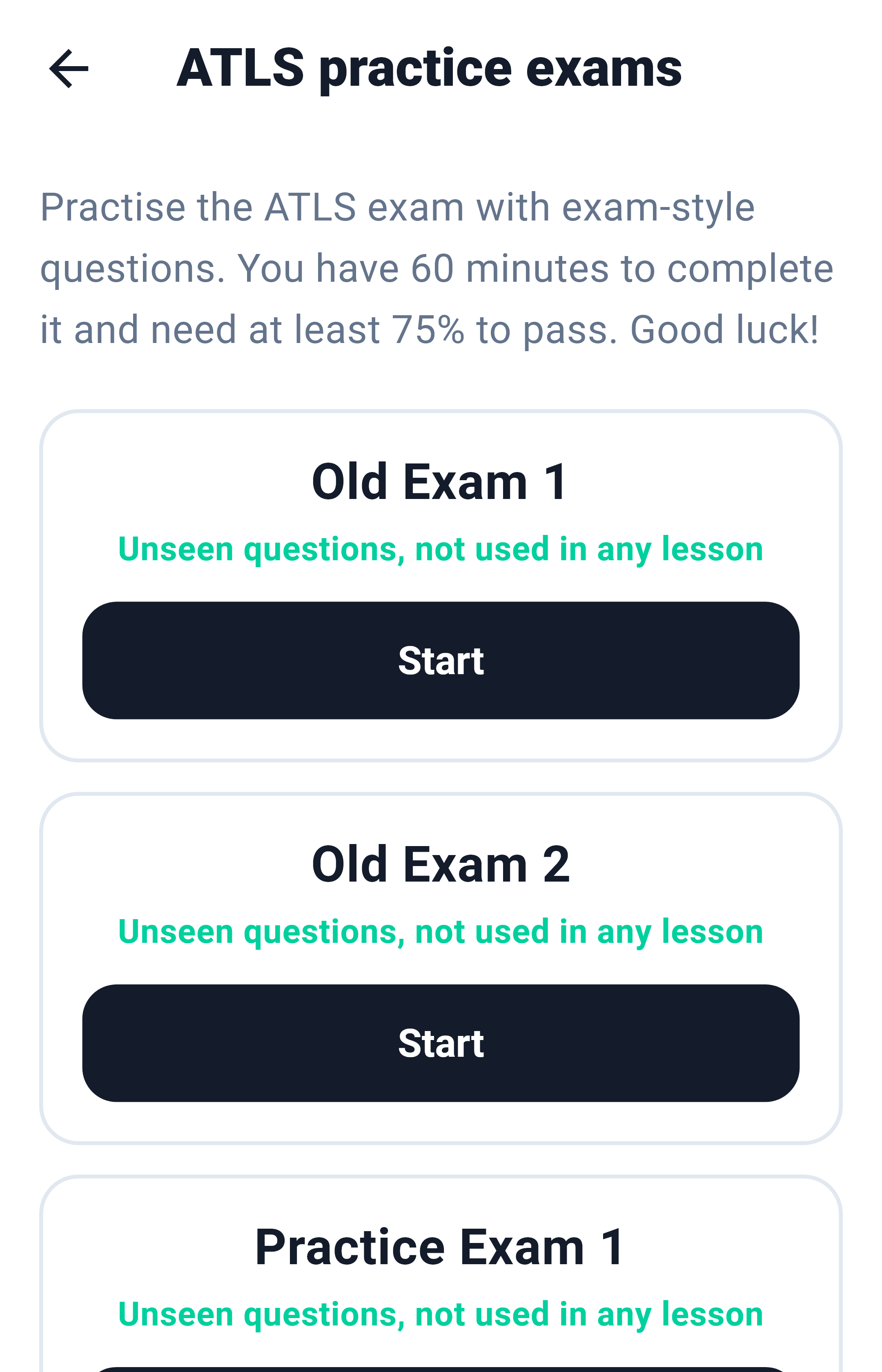 ATLS practice exams page showing the first exams